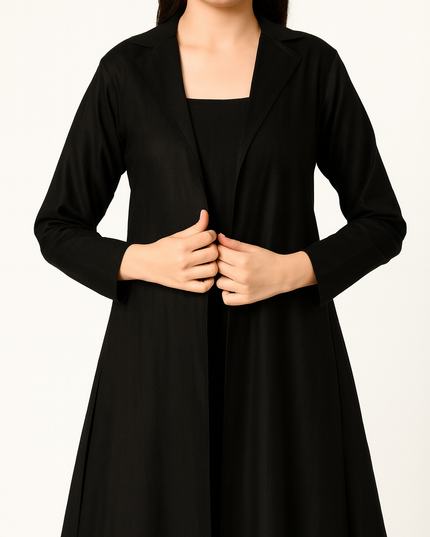 Luxury Black Linen Cowl Dress with Jacket