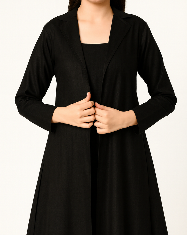 Luxury Black Linen Cowl Dress with Jacket