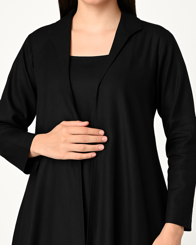 Luxury Black Linen Cowl Dress with Jacket