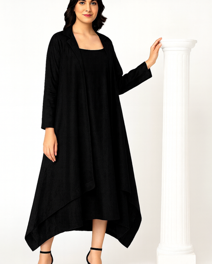 Luxury Black Linen Cowl Dress with Jacket