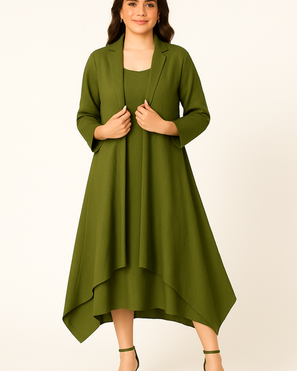Olive Green Asymmetrical Hem Dress for Women