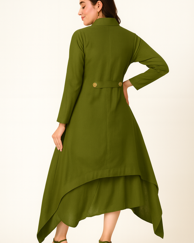 Olive Green Asymmetrical Hem Dress for Women