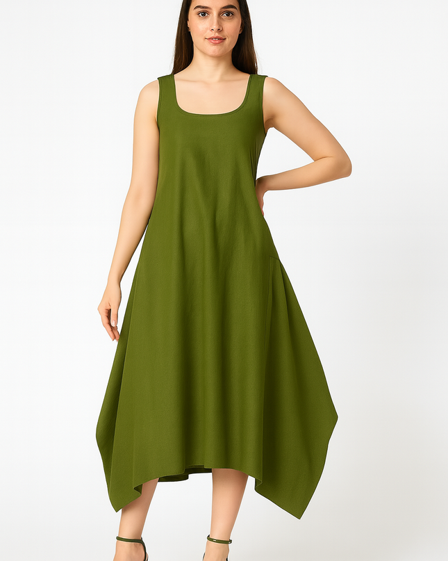Olive Green Asymmetrical Hem Dress for Women