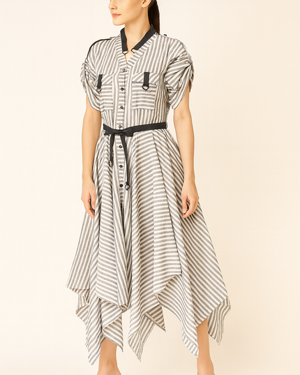 Grey and White Stripe Linen Dress Online
