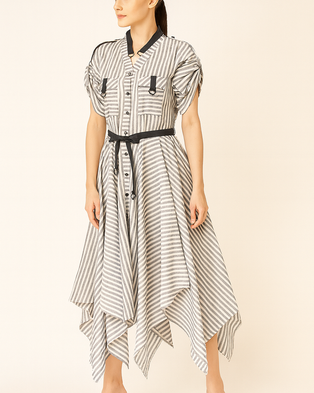 Grey and White Stripe Linen Dress Online