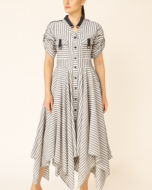 Grey and White Stripe Linen Dress Online
