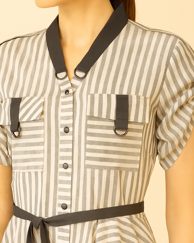 Grey and White Stripe Linen Dress Online