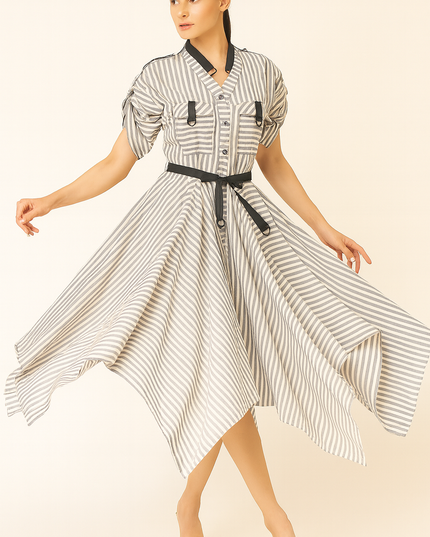 Grey and White Stripe Linen Dress Online