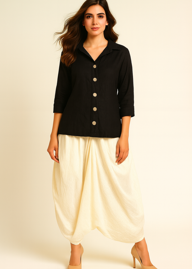 IVORY LINEN COWL SKIRT WITH RAYON SHIRT