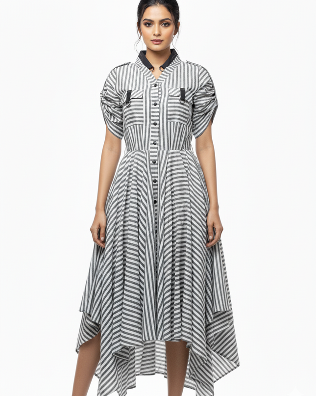 Grey and White Stripe Linen Dress Online