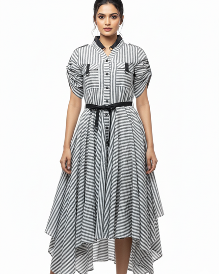 Grey and White Stripe Linen Dress Online