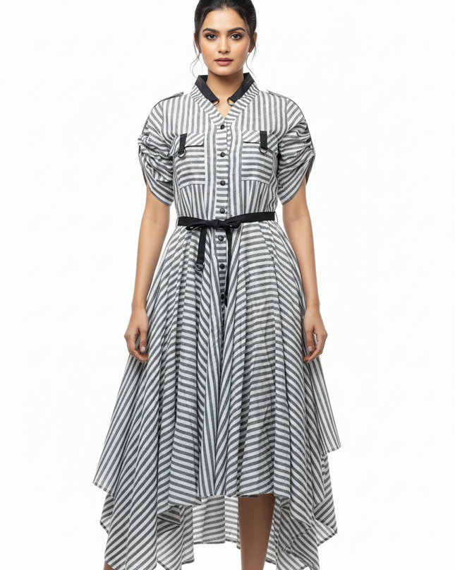 Grey and White Stripe Linen Dress Online