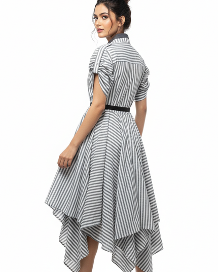 Grey and White Stripe Linen Dress Online