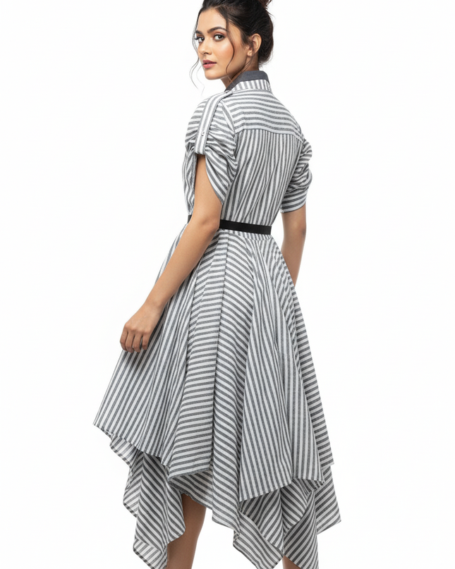 Grey and White Stripe Linen Dress Online