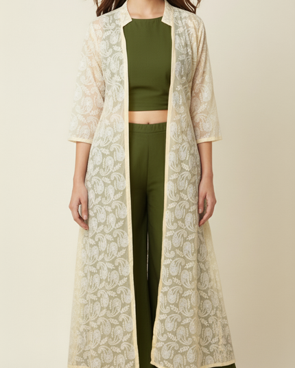 Olive Grace Crop Top & Palazzo Set with Chikankari Cotton Jacket