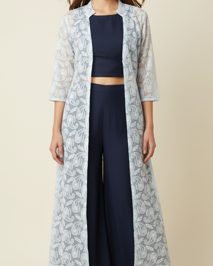 BLUE CROP TOP WITH PALLAZO AND CHICKENKARI JACKET