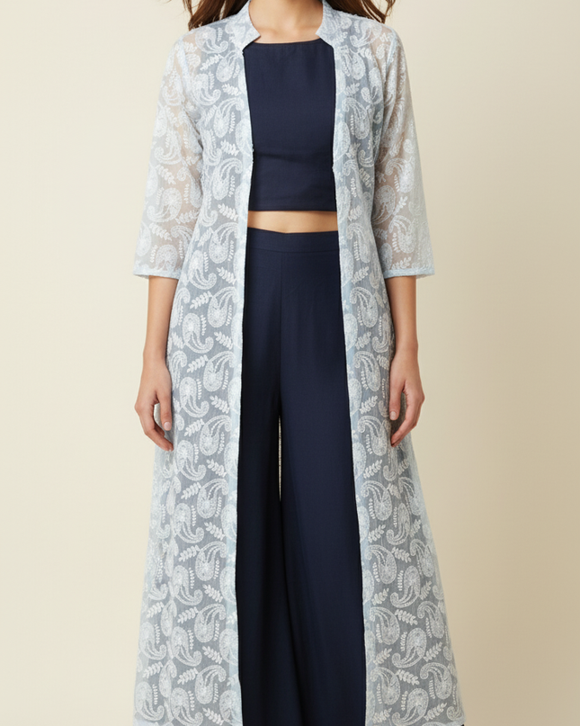 BLUE CROP TOP WITH PALLAZO AND CHICKENKARI JACKET