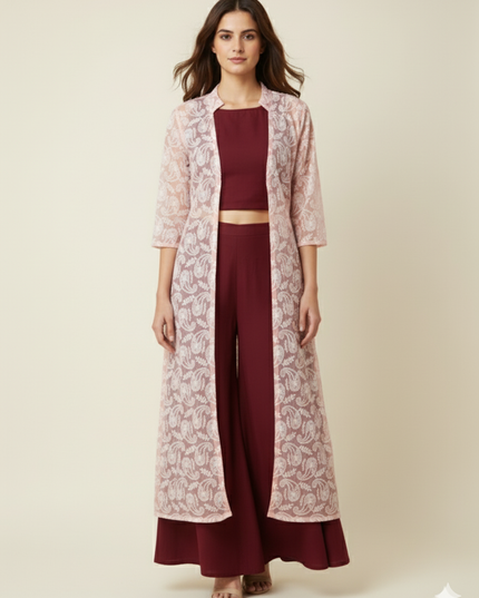 WINE CROP TOP AND PALLAZO WITH PINK CHICKENKARI JACKET