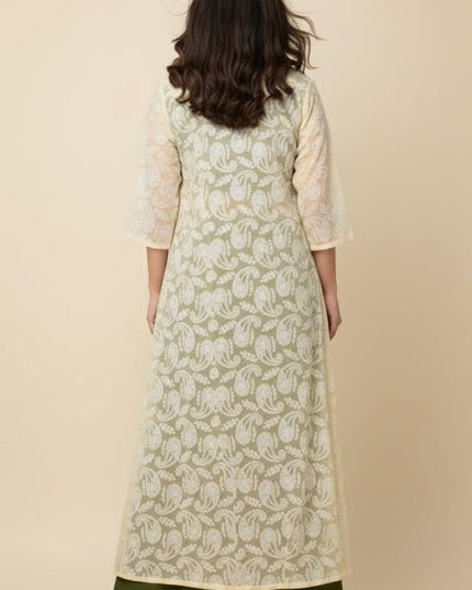 Olive Grace Crop Top & Palazzo Set with Chikankari Cotton Jacket