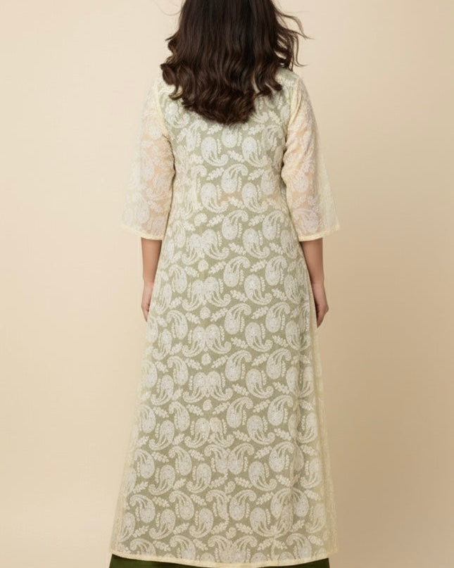 Olive Grace Crop Top & Palazzo Set with Chikankari Cotton Jacket
