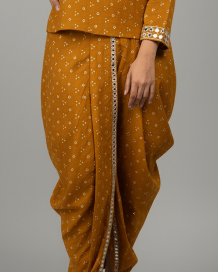 MUSTARD MIRROR-WORK DHOTI SET WITH PRINTED V-NECK TOP