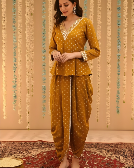 MUSTARD MIRROR-WORK DHOTI SET WITH PRINTED V-NECK TOP