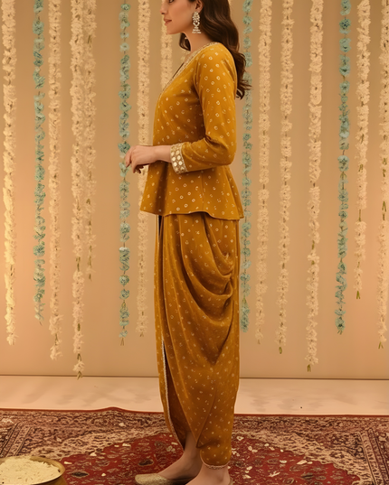 MUSTARD MIRROR-WORK DHOTI SET WITH PRINTED V-NECK TOP