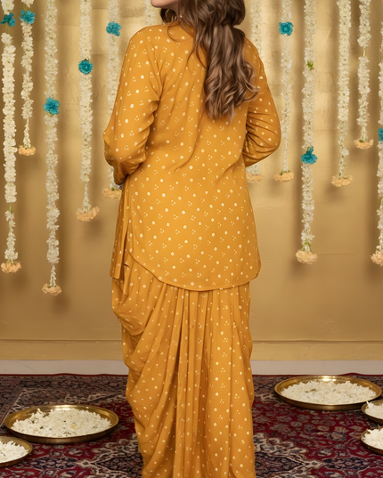 MUSTARD MIRROR-WORK DHOTI SET WITH PRINTED V-NECK TOP