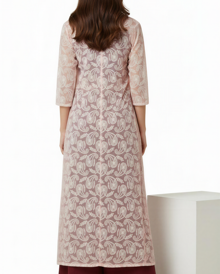 WINE CROP TOP AND PALLAZO WITH PINK CHICKENKARI JACKET
