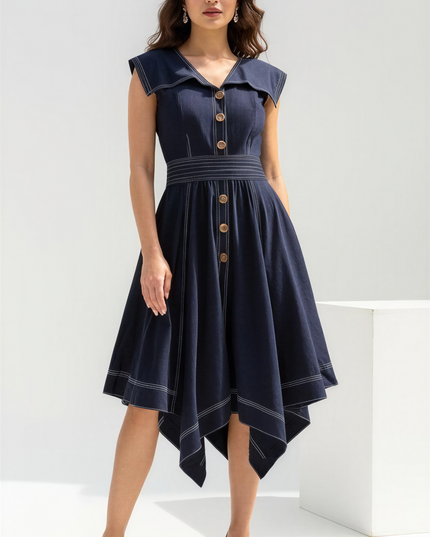 Blue Slub Cotton Dress Elegant Midi Style