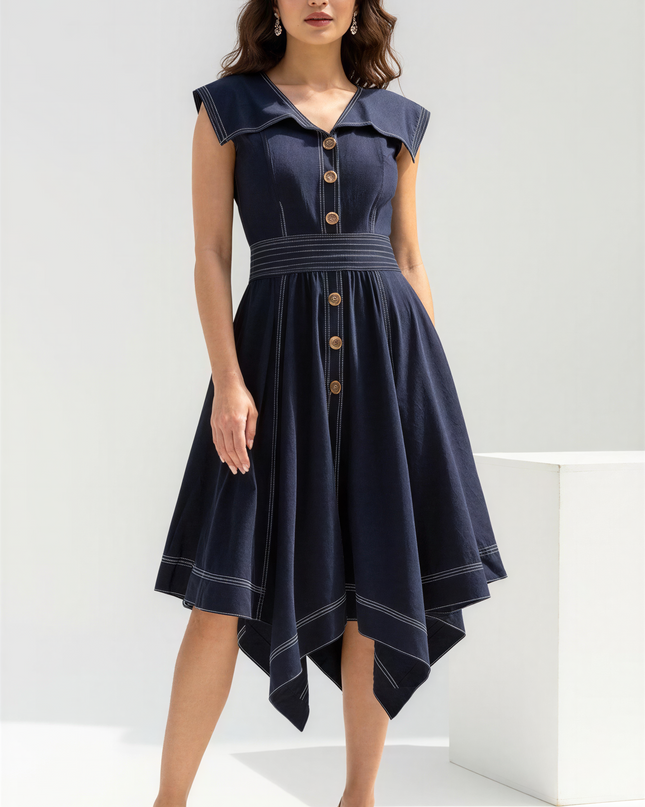 Blue Slub Cotton Dress Elegant Midi Style
