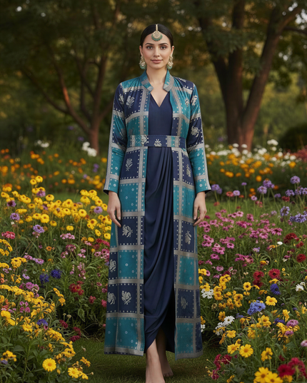 BLUE COWL DRESS WITH GOLD EMBODDED JACKET