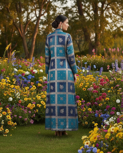 BLUE COWL DRESS WITH GOLD EMBODDED JACKET