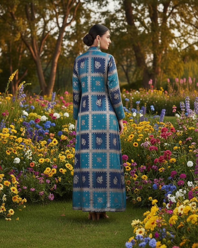 BLUE COWL DRESS WITH GOLD EMBODDED JACKET