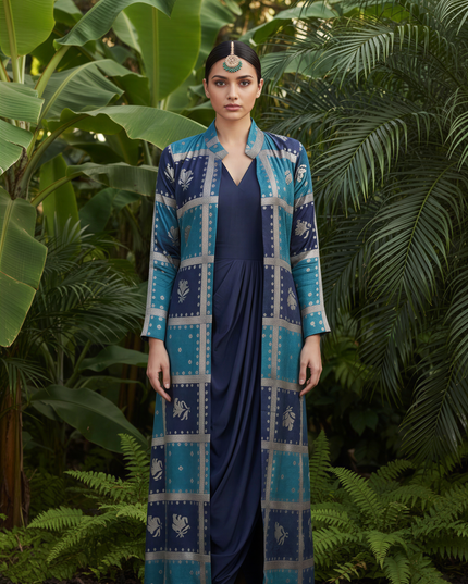 BLUE COWL DRESS WITH GOLD EMBODDED JACKET