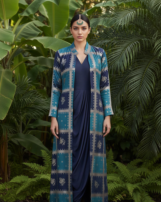 BLUE COWL DRESS WITH GOLD EMBODDED JACKET