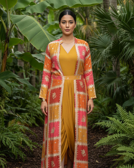 MUSTARD COWL DRESS WITH GOLDEN EMBEDDED JACKET