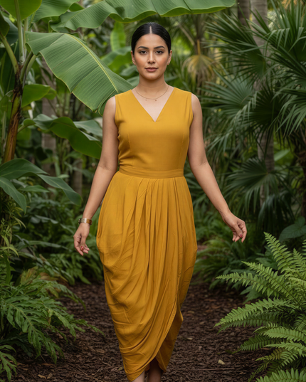 MUSTARD COWL DRESS WITH GOLDEN EMBEDDED JACKET