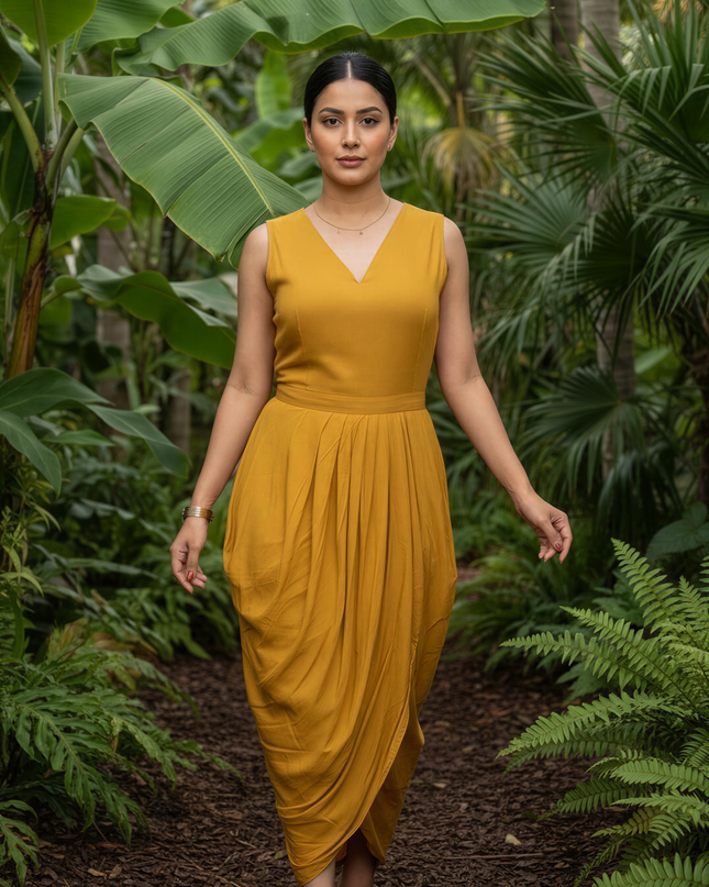 MUSTARD COWL DRESS WITH GOLDEN EMBEDDED JACKET