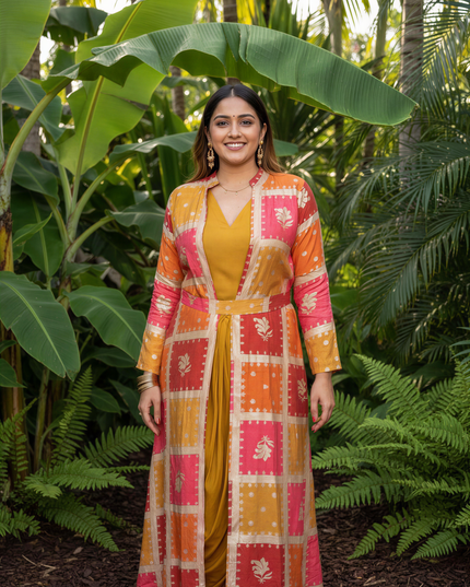 MUSTARD COWL DRESS WITH GOLDEN EMBEDDED JACKET