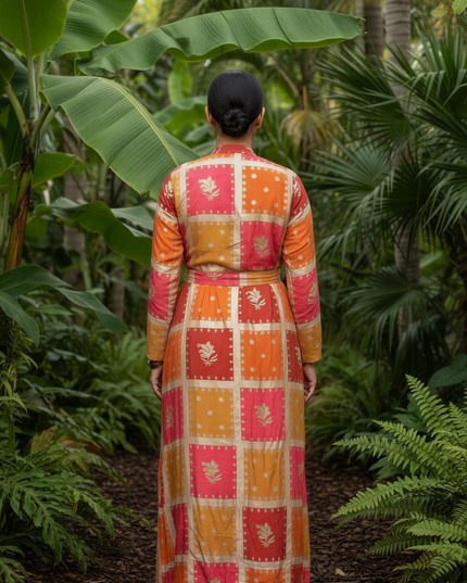 MUSTARD COWL DRESS WITH GOLDEN EMBEDDED JACKET
