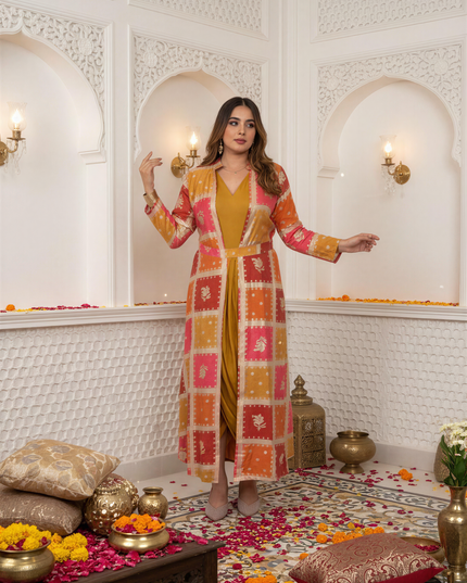 MUSTARD COWL DRESS WITH GOLDEN EMBEDDED JACKET