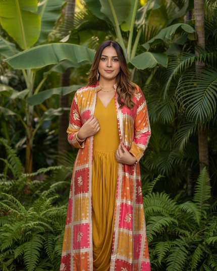 MUSTARD COWL DRESS WITH GOLDEN EMBEDDED JACKET
