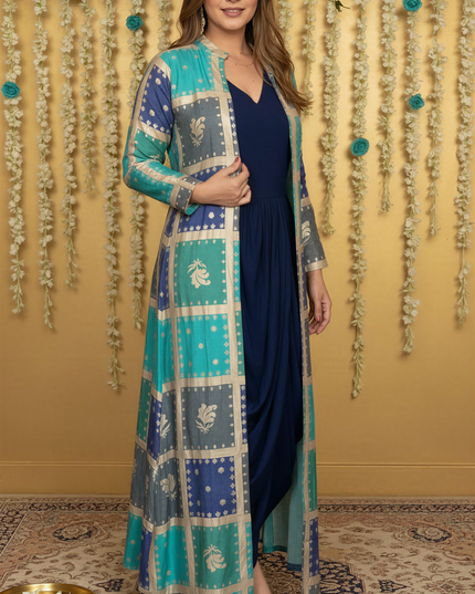 BLUE COWL DRESS WITH GOLD EMBODDED JACKET