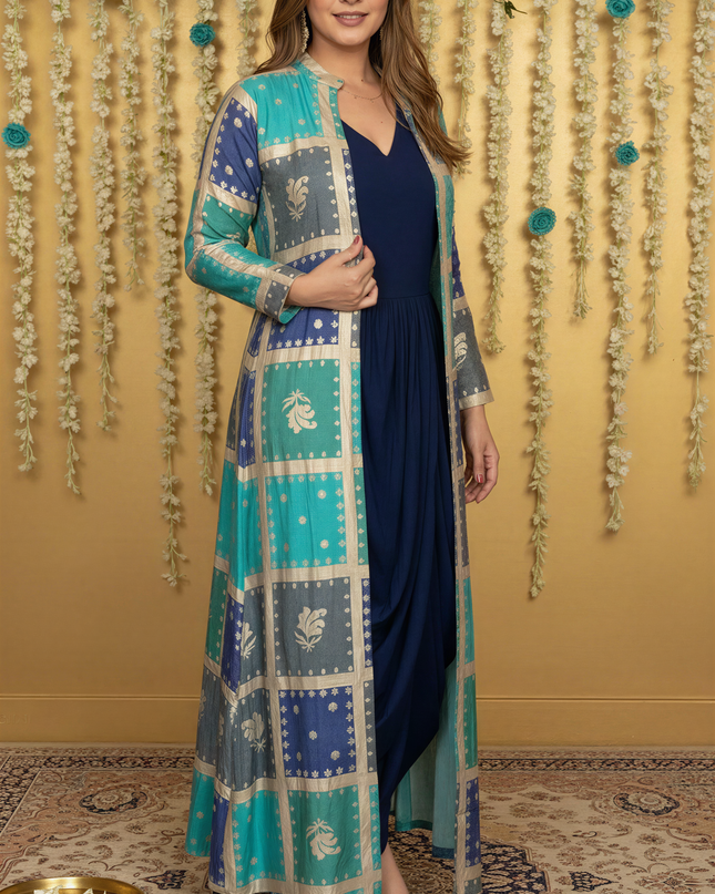 BLUE COWL DRESS WITH GOLD EMBODDED JACKET