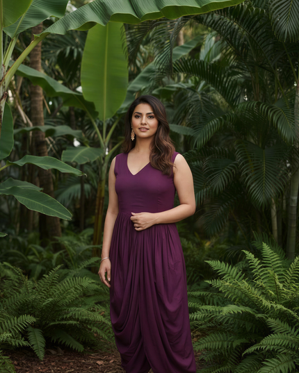 WINE COWL DRESS WITH GOLD EMBODDED JACKET