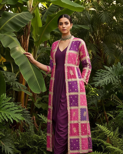 WINE COWL DRESS WITH GOLD EMBODDED JACKET