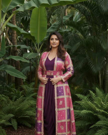 WINE COWL DRESS WITH GOLD EMBODDED JACKET
