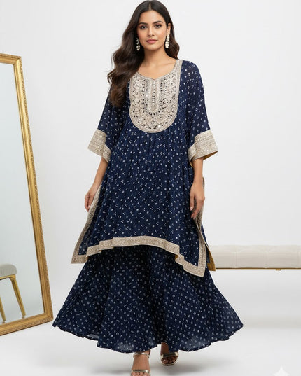 Midnight Noor Kaftan Kurta Set with Flared Skirt Palazzo
