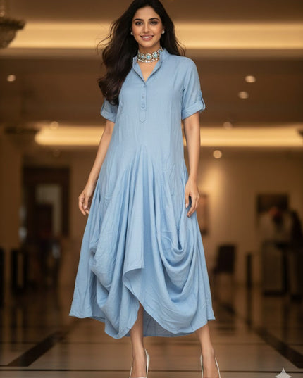 Blue Cowl Flow Midi Dress for Women